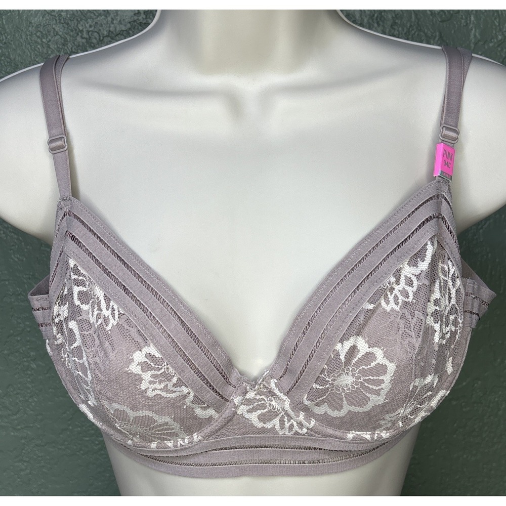 Victoria's Secret PINK Unlined Floral Bra 34C Banded Stretch Purplish Gray
